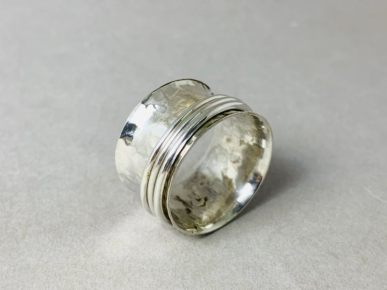 925 Sterling Silver Ring Spinner Silver Band Ring Hammered Ring Meditation Ring Worry Ring Anxiety Ring