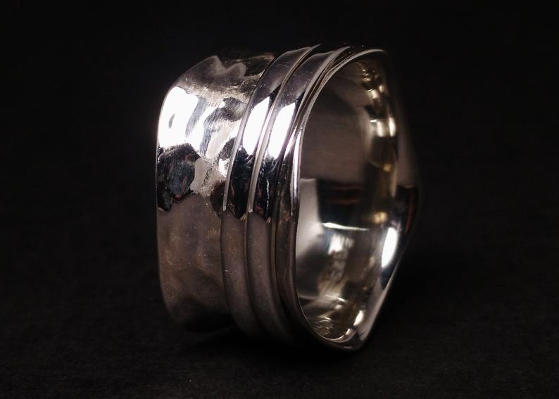 Breiter Spinner-Ring Meditationsring 925 Sterlingsilber Bandring Damenring Gehämmerter Spinner-Ring