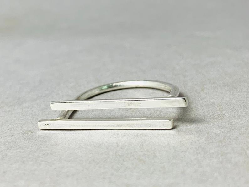 Doppelter Stab Ring Langer Silberner Stab Ring 925 Sterling Silber Zarter Ring Parallel Ring Geometrischer Ring Moderner Ring Geschenkring
