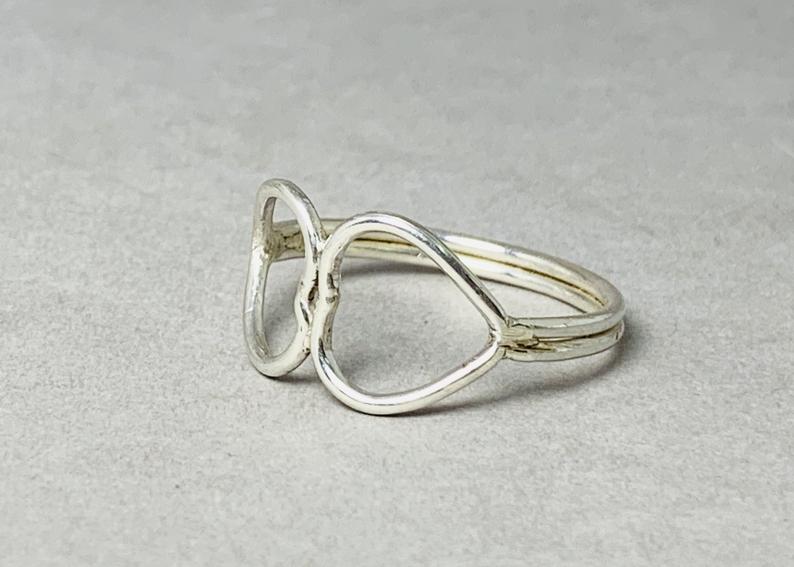 Doppelherz-Ring 925 Silber Handgemachter Offener Herz Statement Ring Minimalistischer Schmuck Geschenk für Sie Geschenkideen Yoga Ring