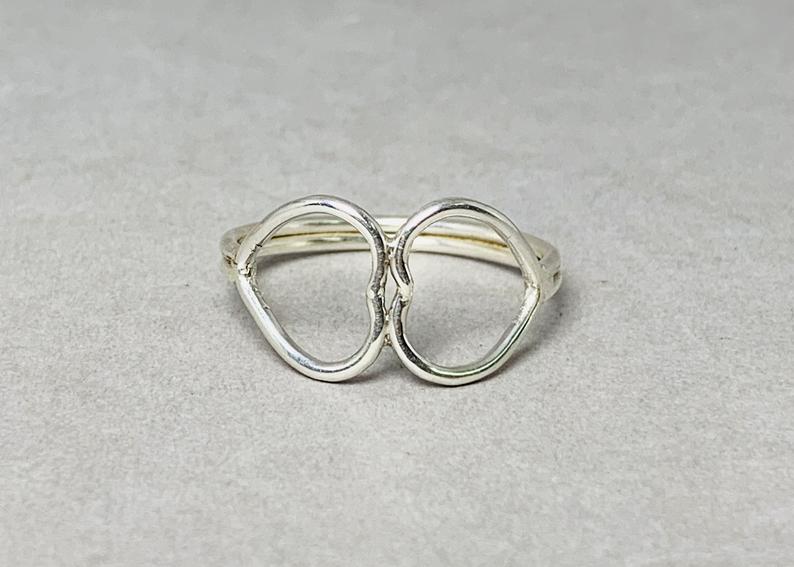 Doppelherz-Ring 925 Silber Handgemachter Offener Herz Statement Ring Minimalistischer Schmuck Geschenk für Sie Geschenkideen Yoga Ring