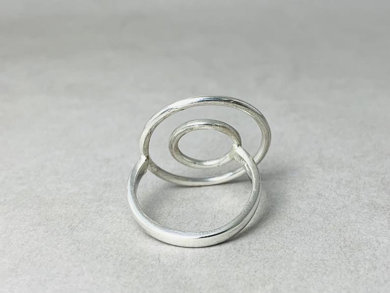 Doppelkreis Ring 925 Sterling Silber Handgemachter Einzigartiger Moderner Ring Verstellbarer Runder Ring