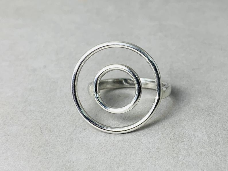 Doppelkreis Ring 925 Sterling Silber Handgemachter Einzigartiger Moderner Ring Verstellbarer Runder Ring