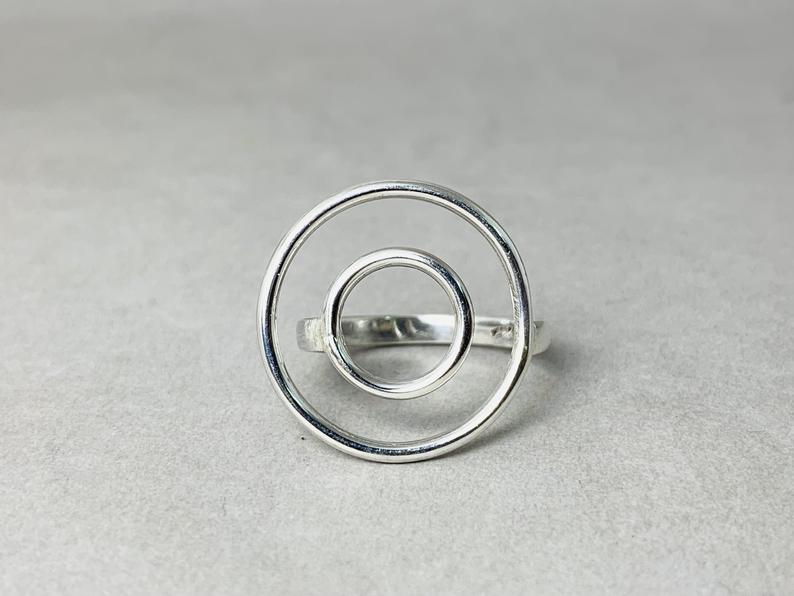Doppelkreis Ring 925 Sterling Silber Handgemachter Einzigartiger Moderner Ring Verstellbarer Runder Ring