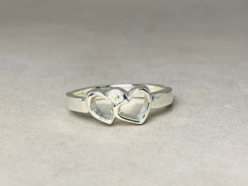 Doppelter Herzring 925 Sterling Silber Chunky Ring mit Herz Versprechensring Geschenk für Sie Geburtstagsgeschenk Boho handgemachter Ring