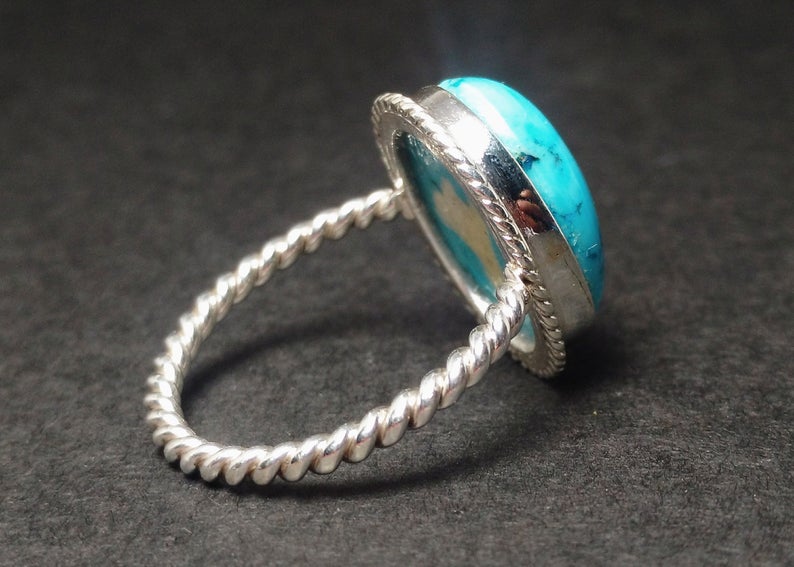 925er Sterling Silber Türkisring Handgefertigter Damenring Böhmischer ovaler Türkisring Blauer Steinring