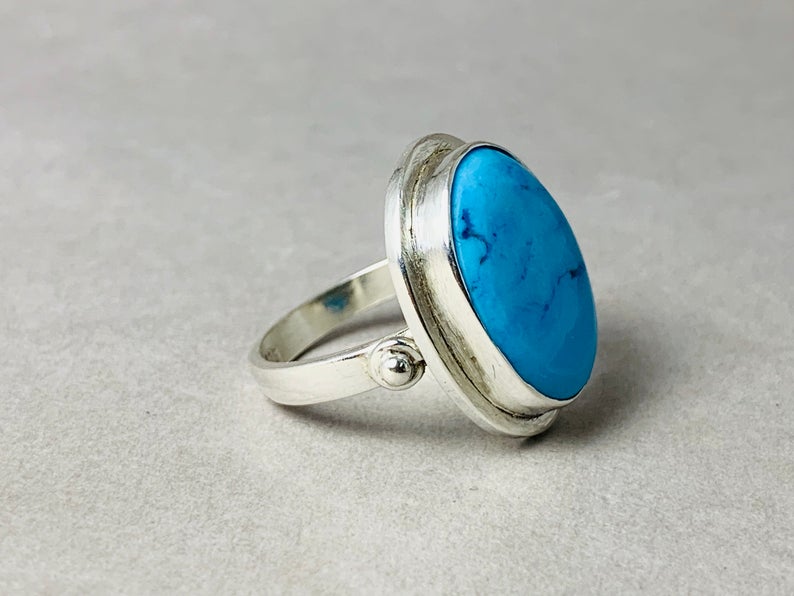 Ovaler Cabochon Ring Türkis Ring 925 Sterling Silber Designer Ring Blauer Edelstein Handgemachter Ring