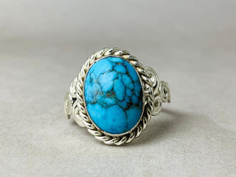 Natürlicher Türkisring 925 Sterling Silber Massiver Silberring Dezember Geburtsstein Handgefertigter Böhmischer Schmuck Gypsy Silberring