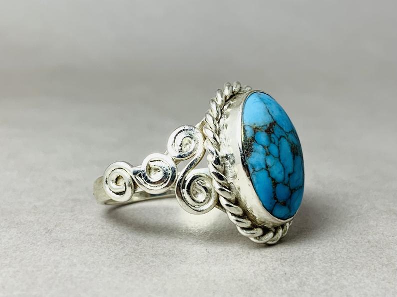 Natürlicher Türkisring 925 Sterling Silber Massiver Silberring Dezember Geburtsstein Handgefertigter Böhmischer Schmuck Gypsy Silberring