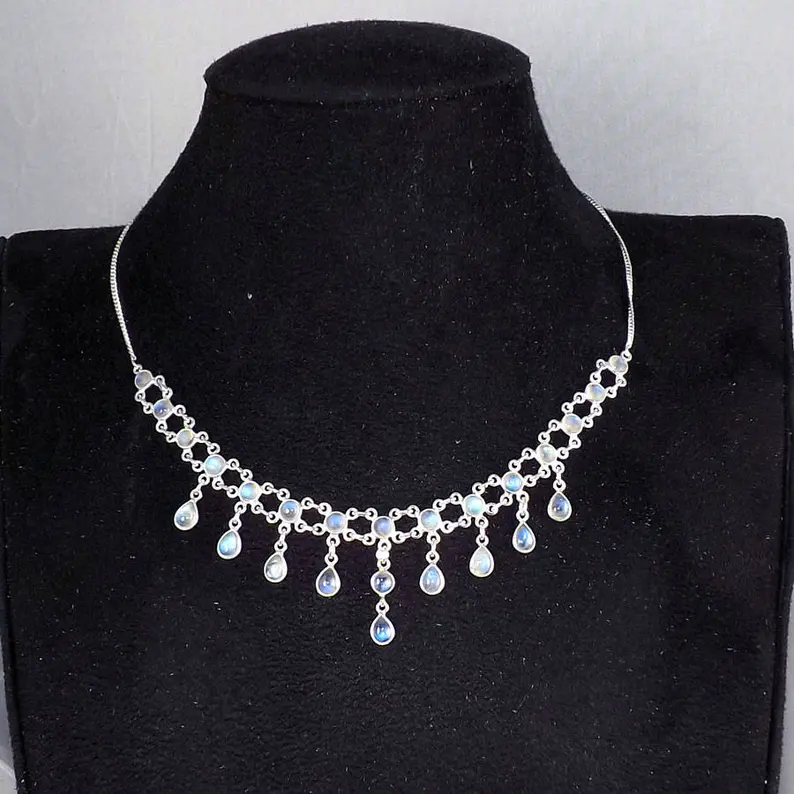 Regenbogen-Mondstein-Halskette, Lünettenfassung, 925 Sterling Silber Halskette, Mondstein-Schmuck, natürlicher Feuer-Regenbogen-Mondstein