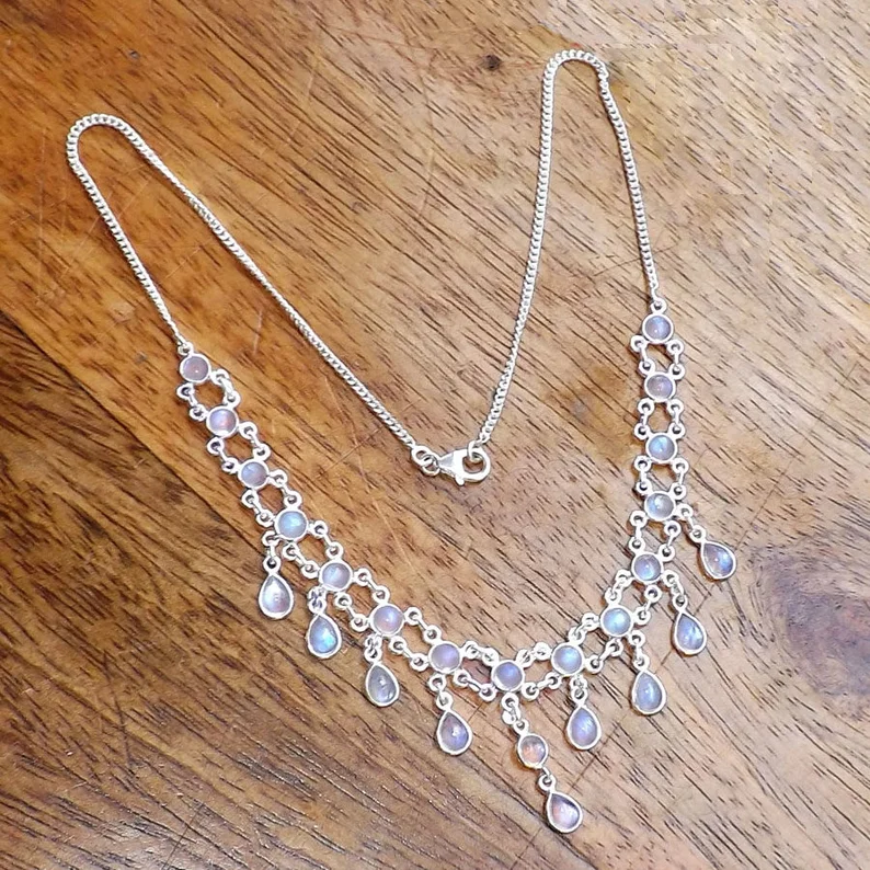 Rainbow Moonstone Necklace Bezel Necklace 925 Sterling Silver Necklace Moonstone Jewelry Natural Fire Rainbow Rainbow Moonstone