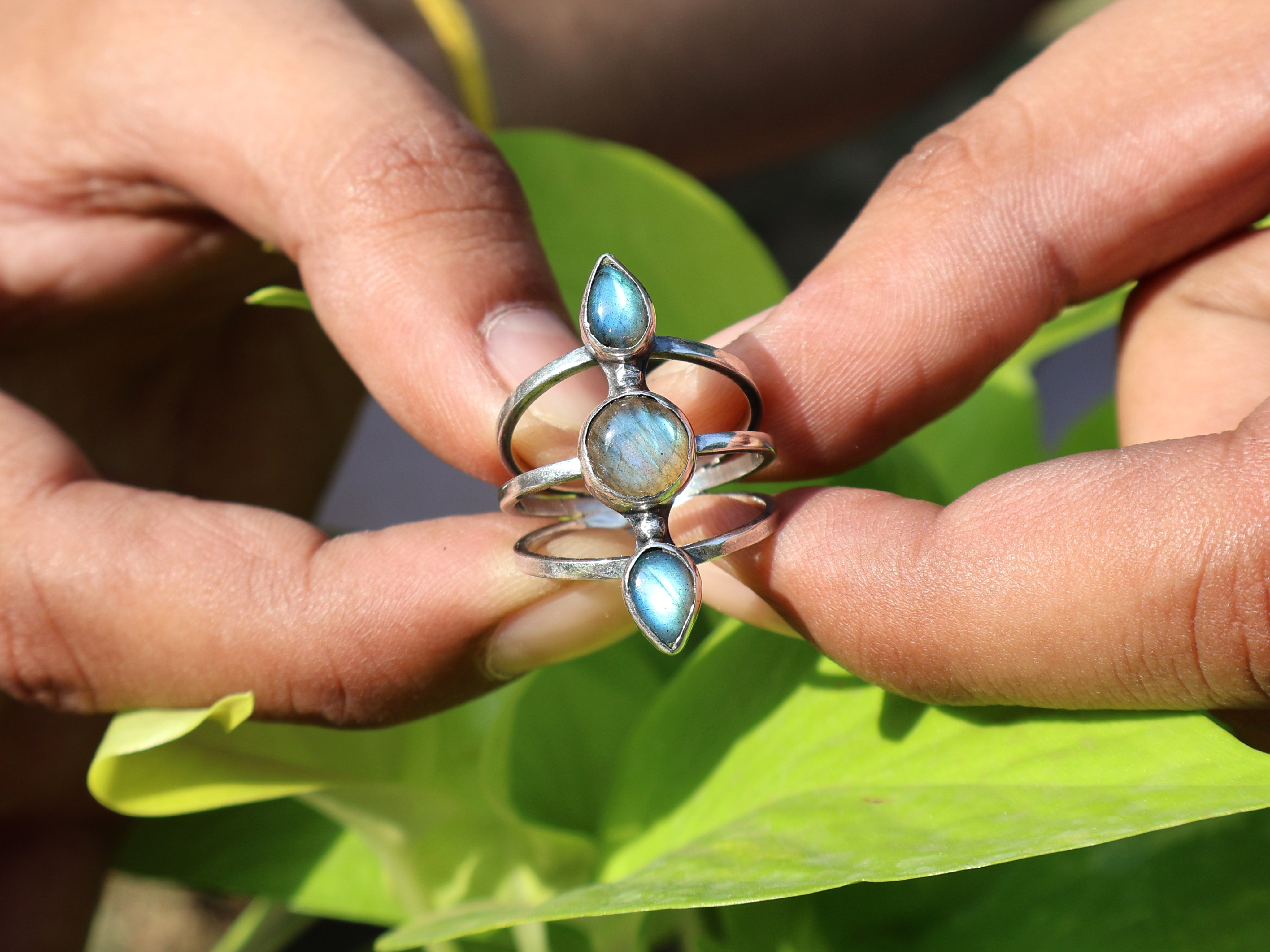 Handgefertigter Ring Labradorit Ring 925 Sterling Silber Multi Edelstein Ring Dreifach Stein Ring Boho Zierlicher Ring Geschenk Für Sie