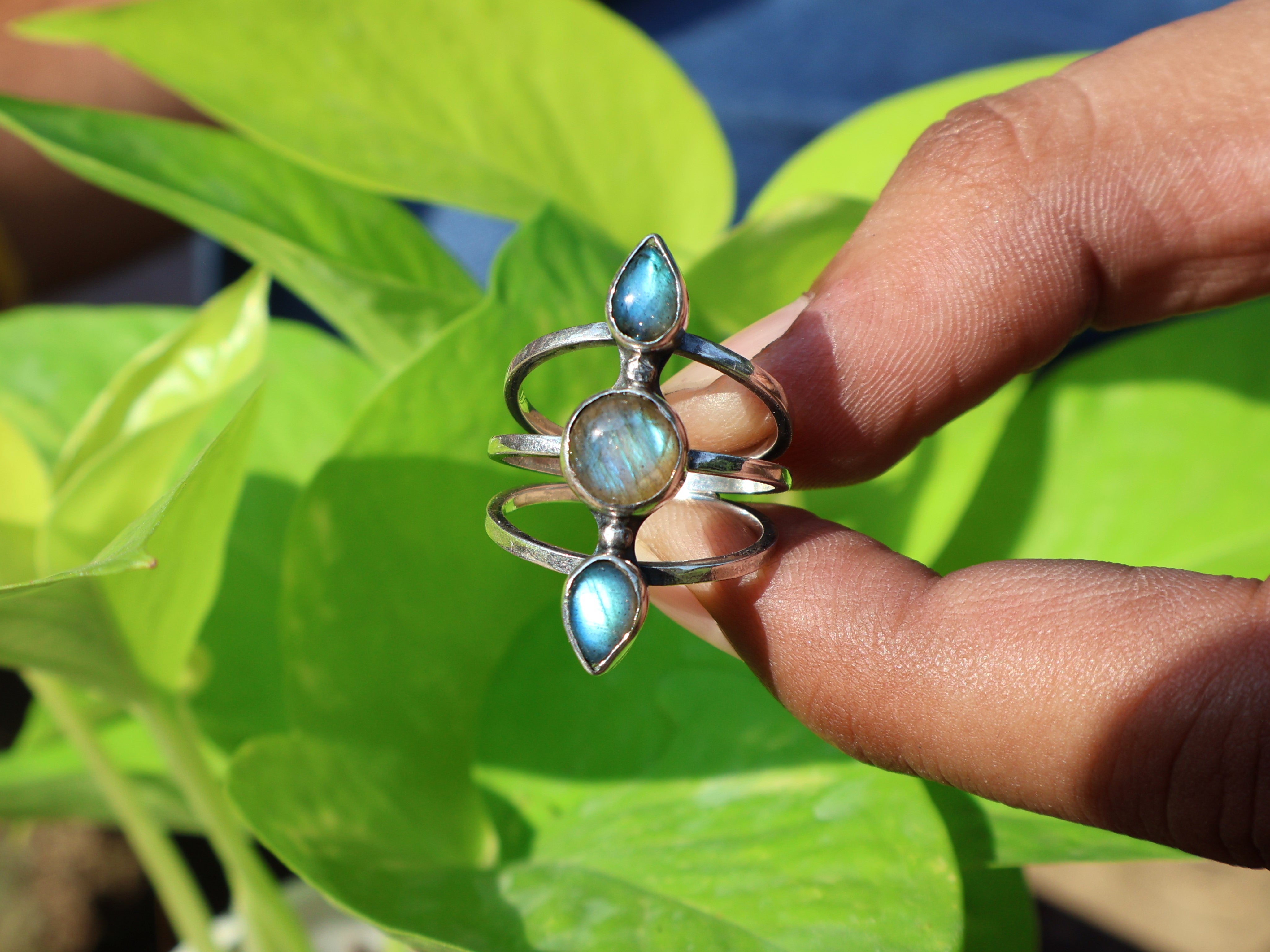 Handgefertigter Ring Labradorit Ring 925 Sterling Silber Multi Edelstein Ring Dreifach Stein Ring Boho Zierlicher Ring Geschenk Für Sie