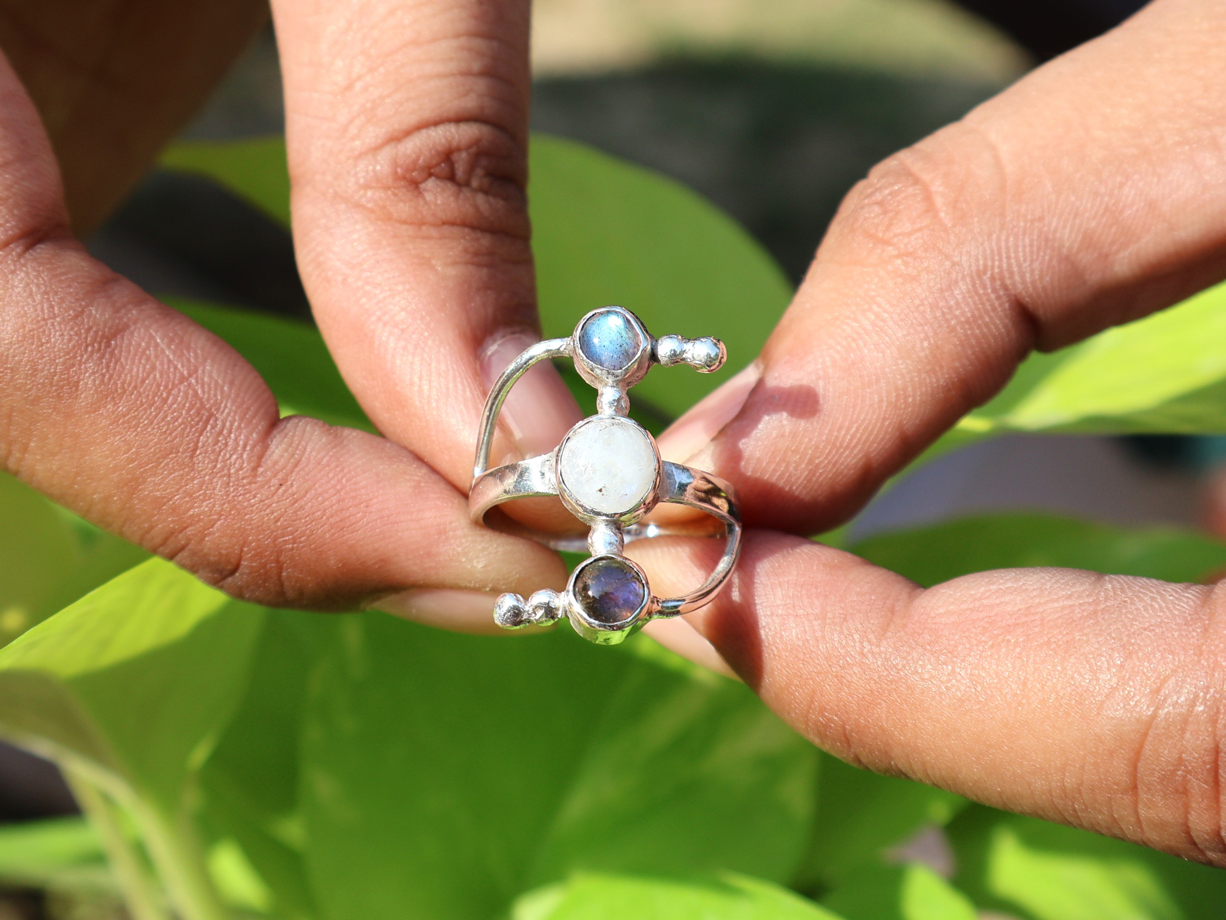 Labradorit und Regenbogen-Mondstein Ring 925 Sterling Silber Ring Handgefertigter Statement-Ring Doppelsteinring Geschenk für Sie