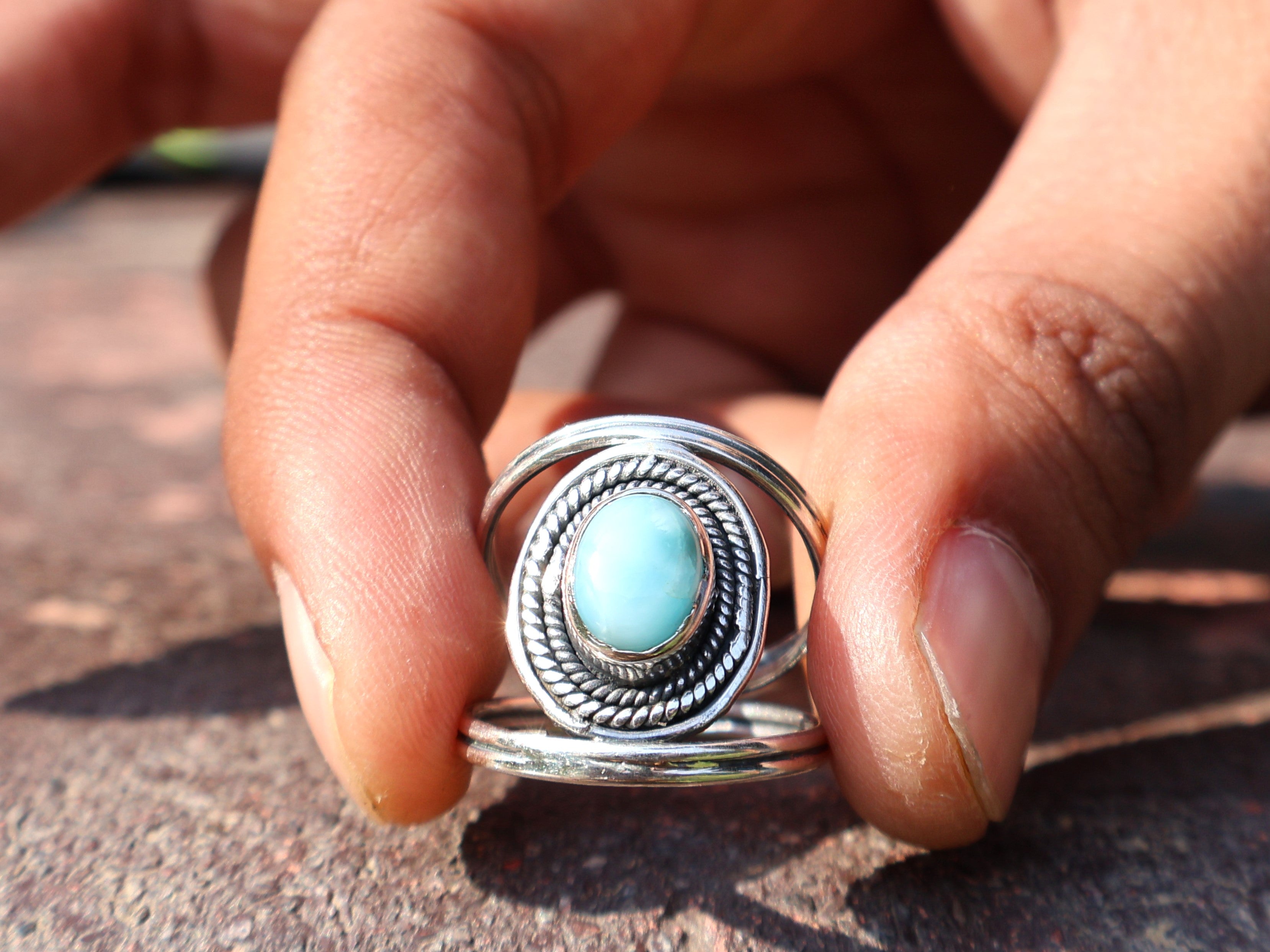 Echter Larimar-Ring, 925er Silberring, zierlicher Ring, ovaler Edelsteinring, Damenring, Geschenk für Sie