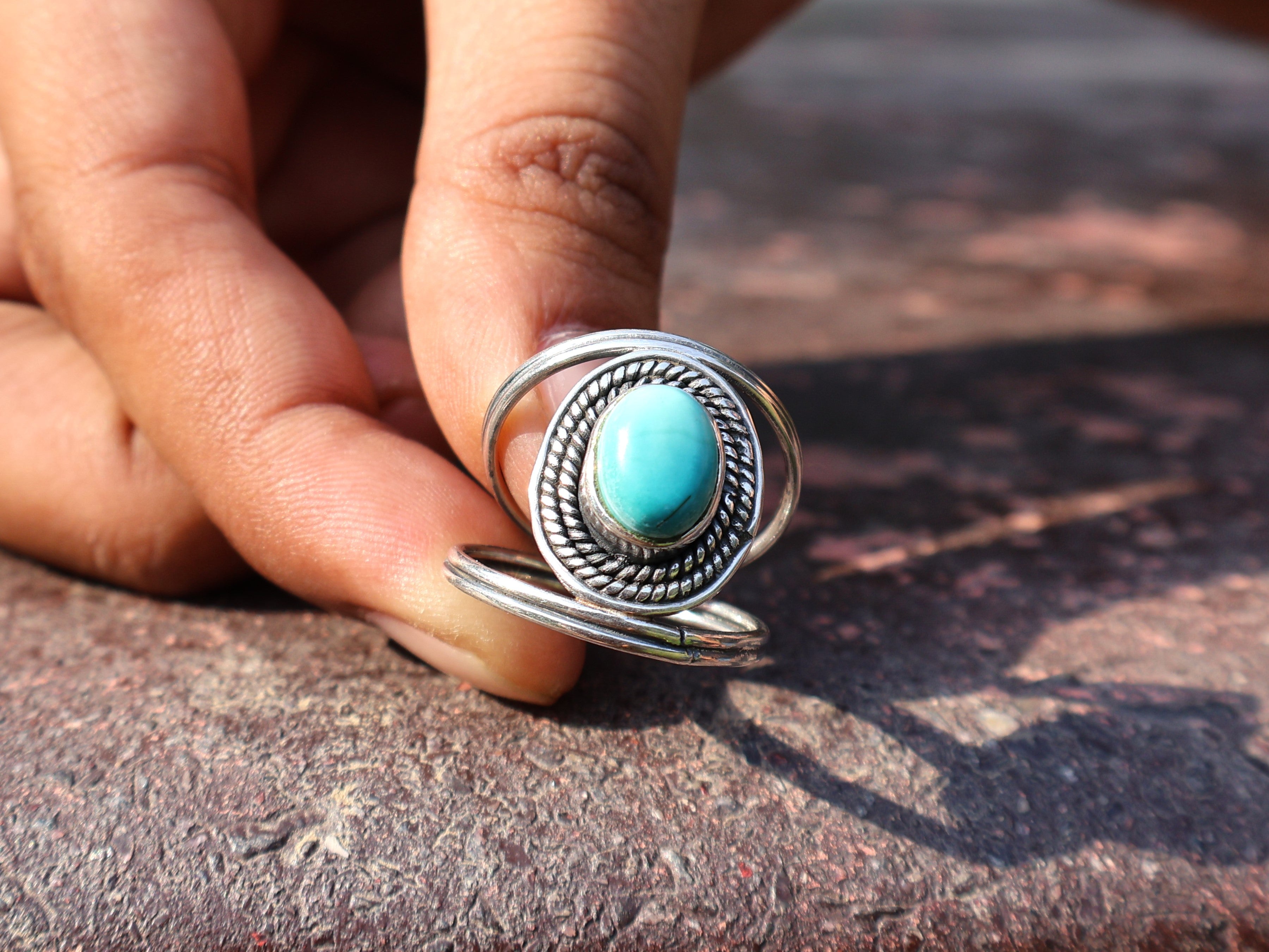 Echter Türkis Ring Handgemachter Damen Ring 925 Sterling Silber Ring Böhmischer Ovaler Edelstein Ring Blauer Stein Ring