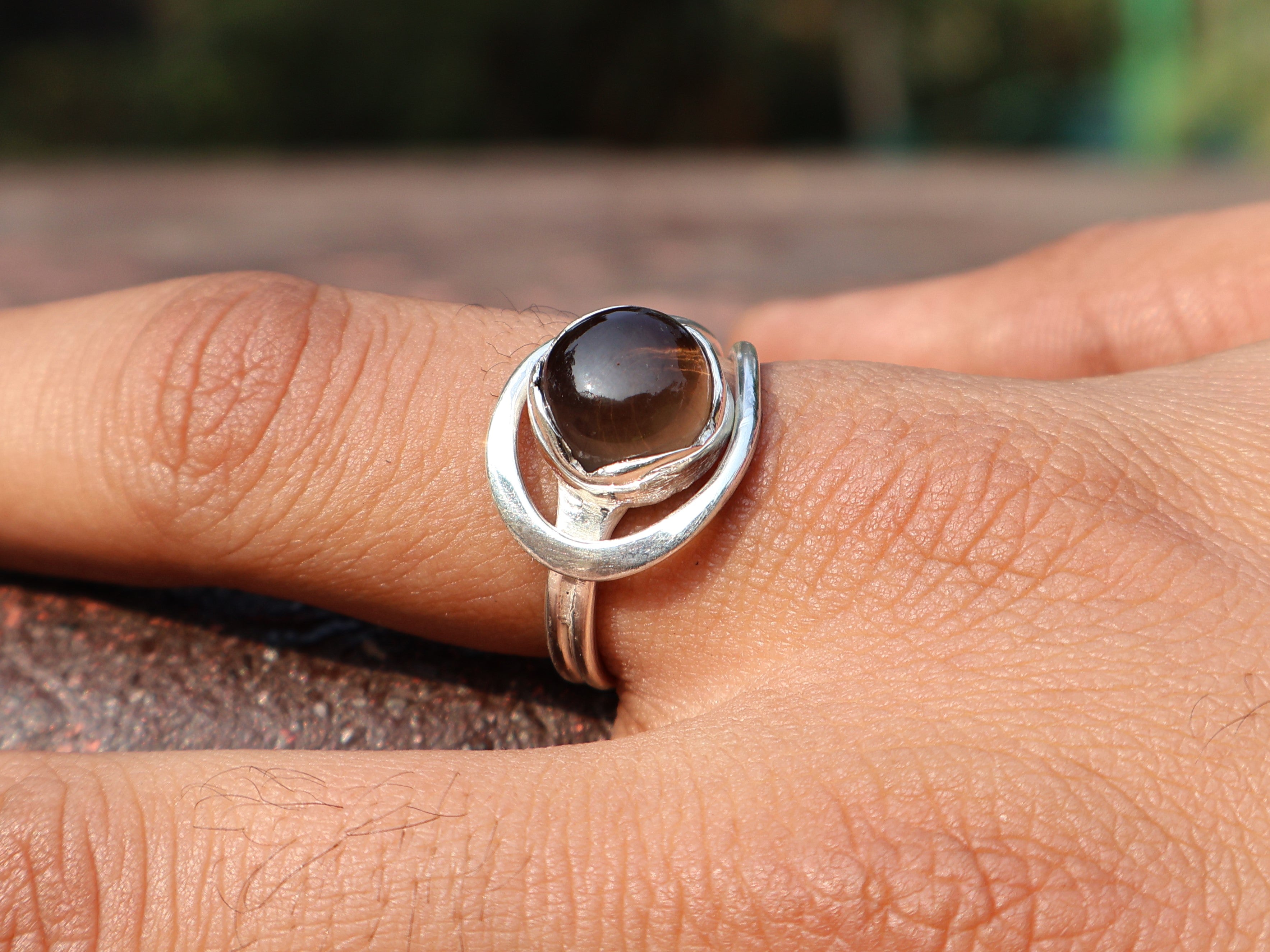 Rookkwarts Ronde Edelsteen Ring 925 Sterling Zilveren Ring Handgemaakte Ring Statement Ring Bruine Edelsteen Ring Verlovingsring