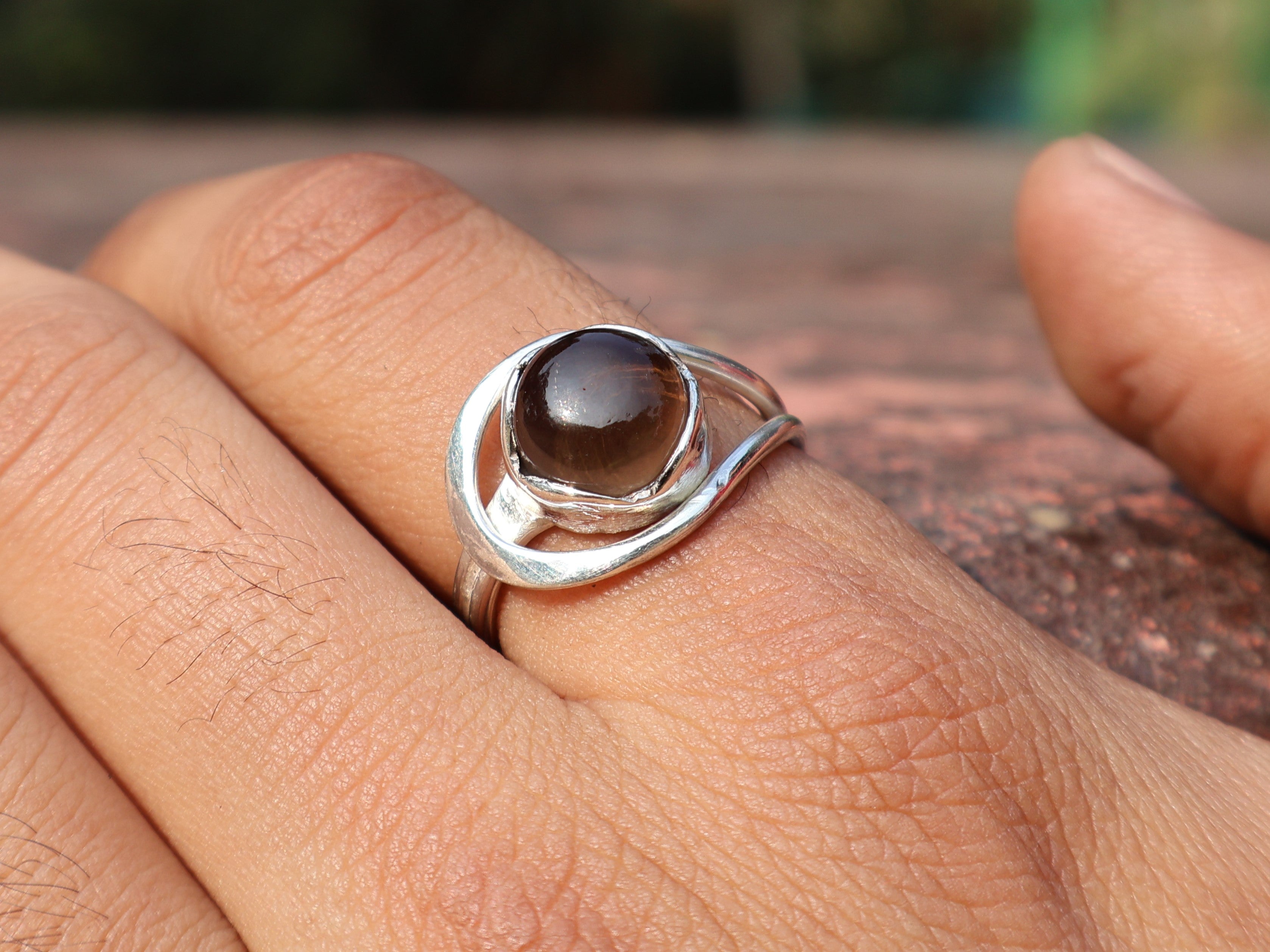 Rookkwarts Ronde Edelsteen Ring 925 Sterling Zilveren Ring Handgemaakte Ring Statement Ring Bruine Edelsteen Ring Verlovingsring