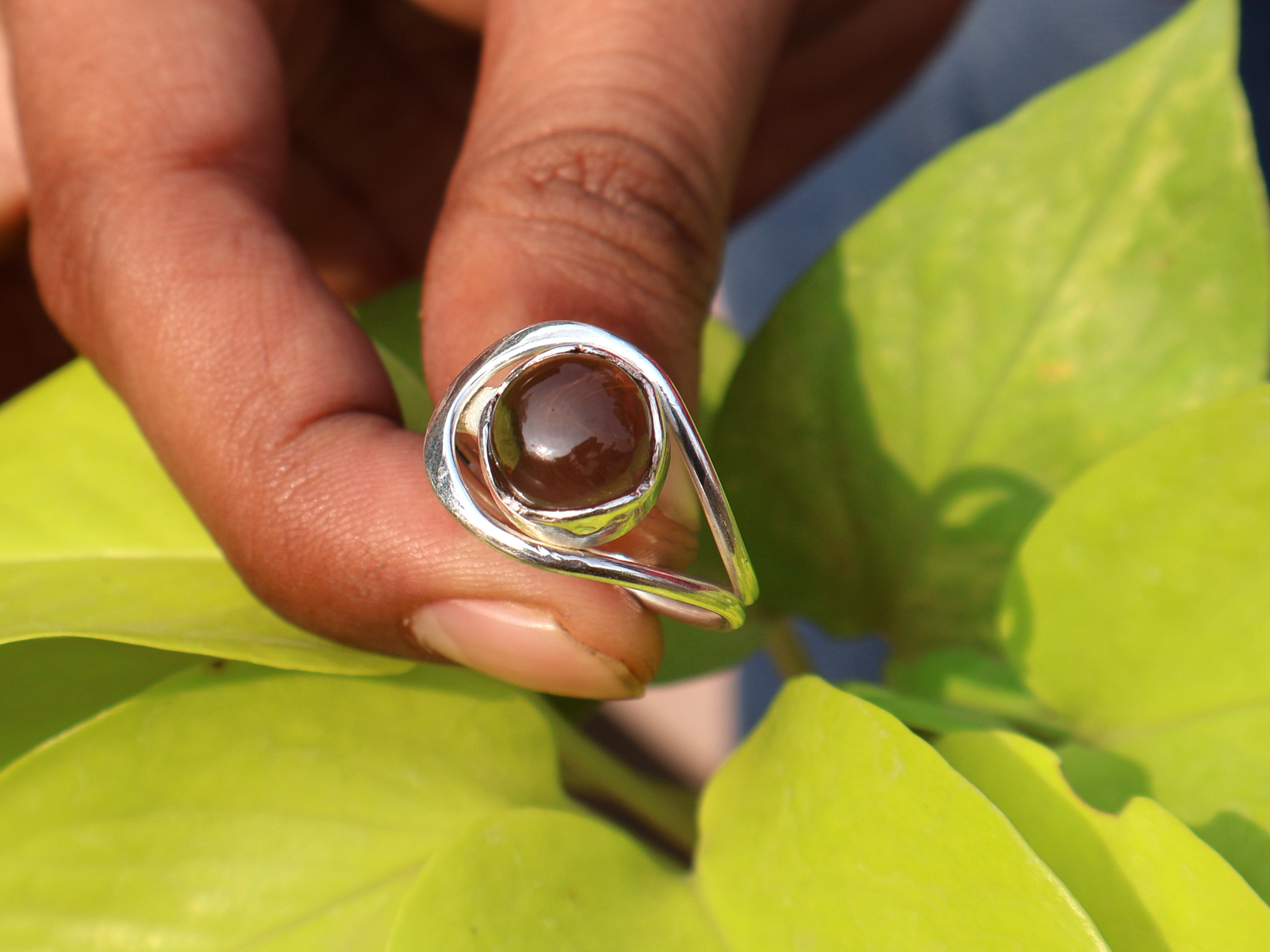 Rookkwarts Ronde Edelsteen Ring 925 Sterling Zilveren Ring Handgemaakte Ring Statement Ring Bruine Edelsteen Ring Verlovingsring