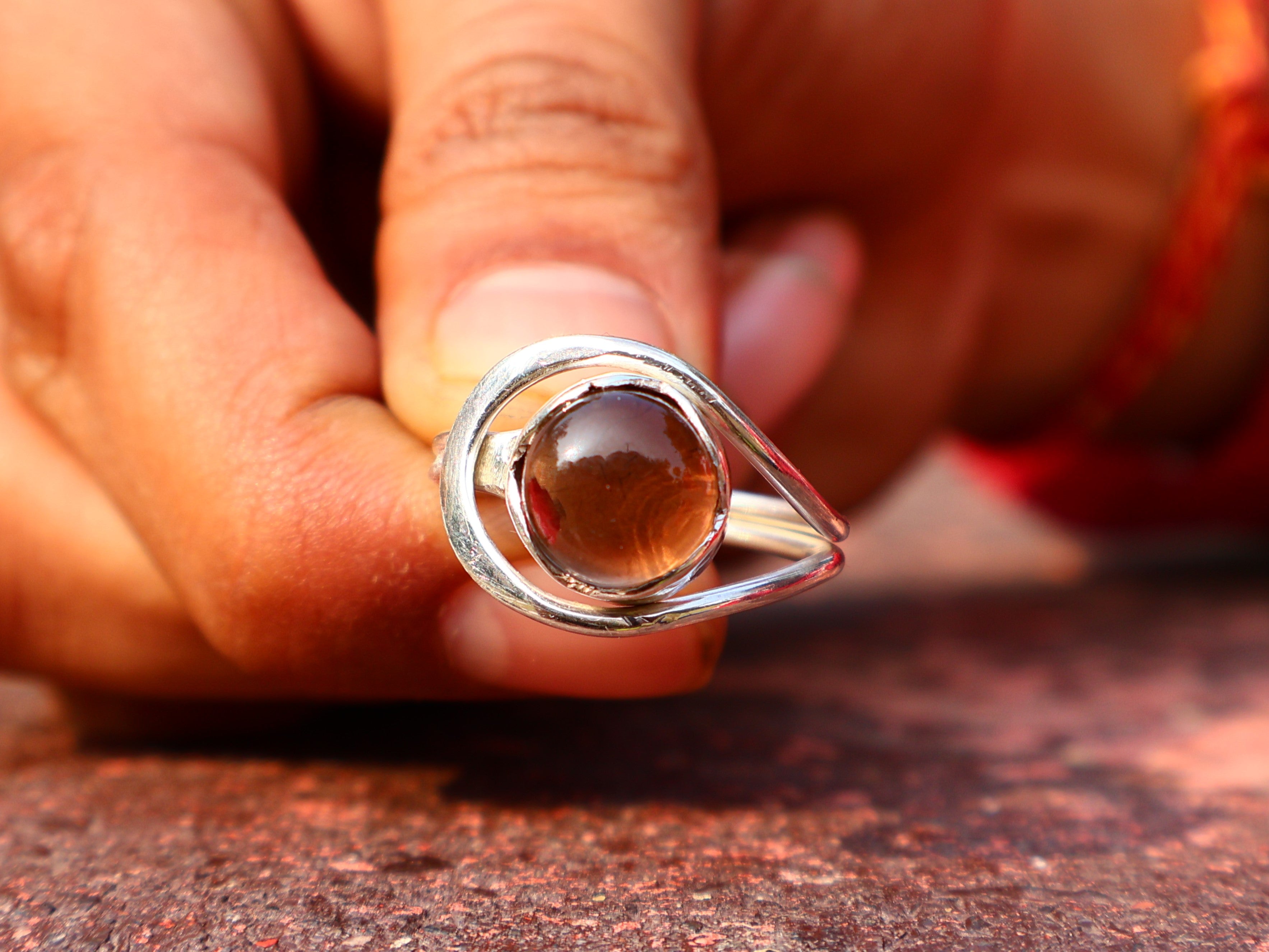 Rookkwarts Ronde Edelsteen Ring 925 Sterling Zilveren Ring Handgemaakte Ring Statement Ring Bruine Edelsteen Ring Verlovingsring