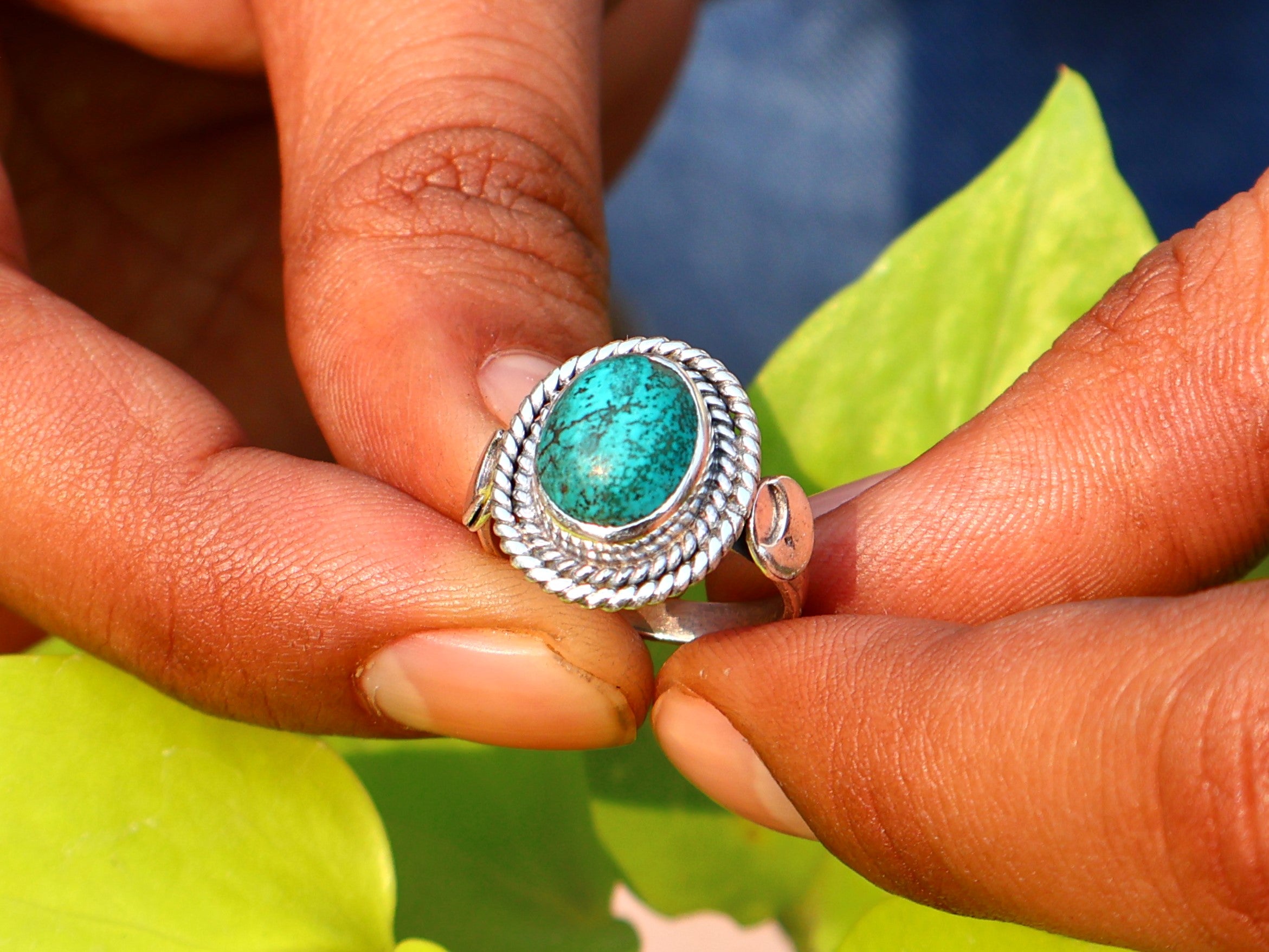 Türkis Ring Handgemacht Damen Ring 925 Sterling Silber Böhmischer Ovaler Türkis Ring Blauer Stein Ring