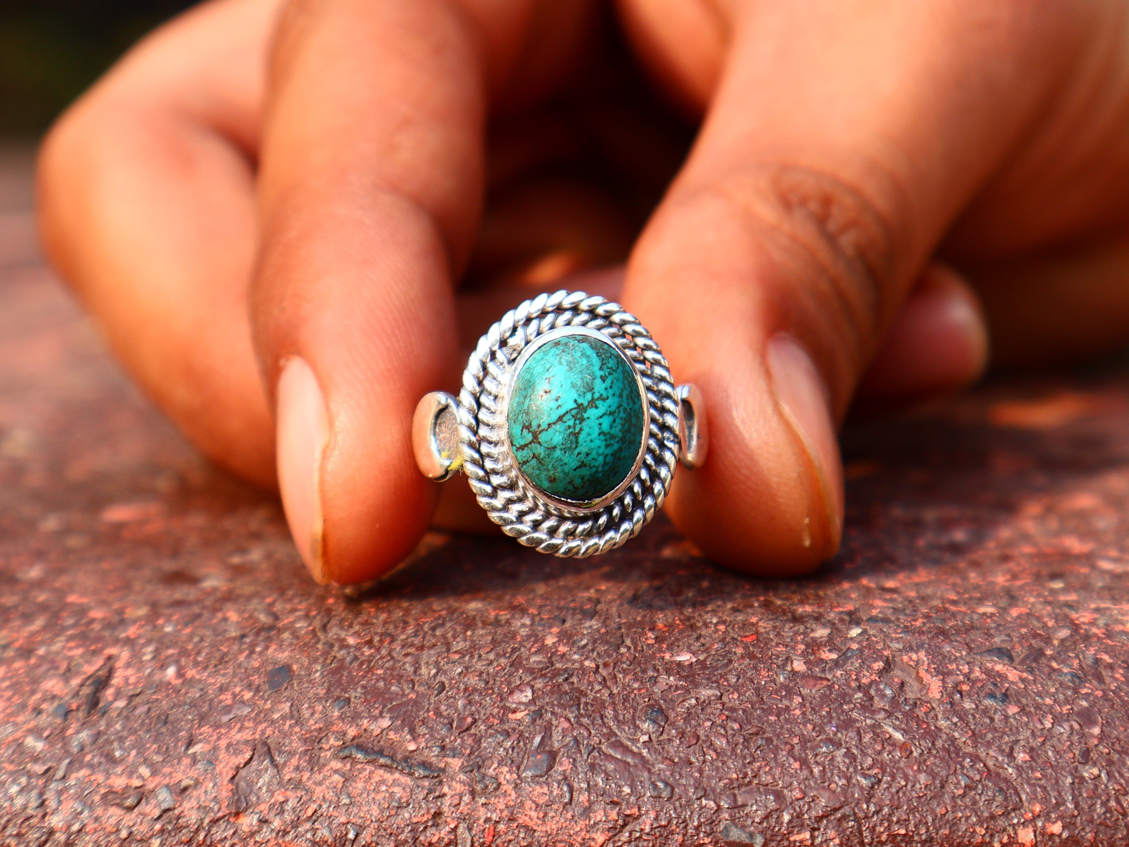 Türkis Ring Handgemacht Damen Ring 925 Sterling Silber Böhmischer Ovaler Türkis Ring Blauer Stein Ring