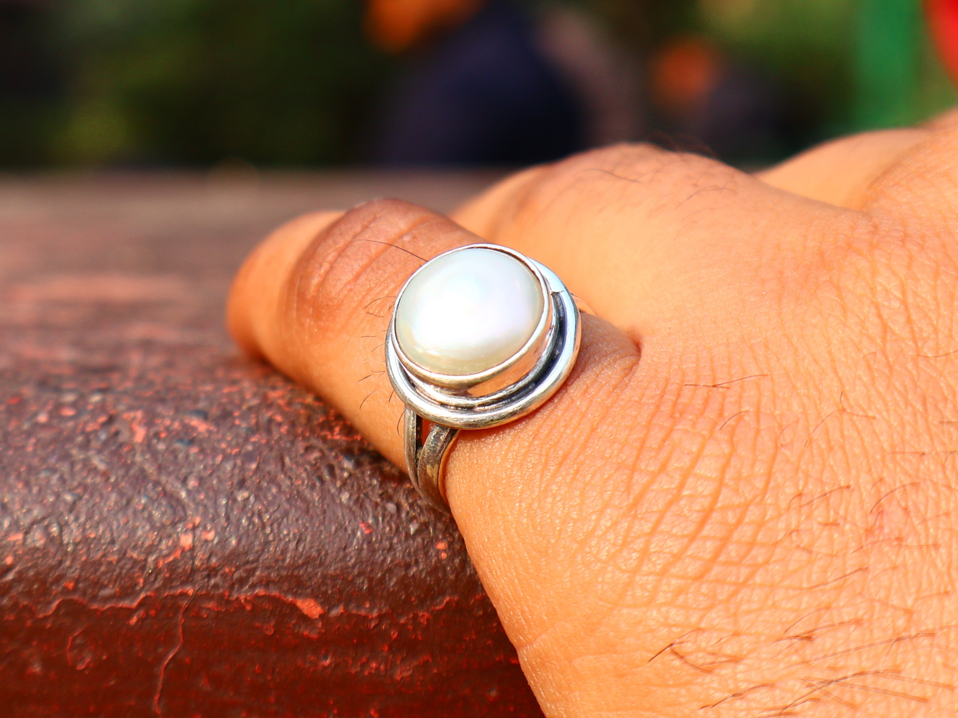 Perlenring 925 Sterling Silber Handgemachter Weißer Perlensteinring Alltagsring Statement Ring Geschenk für Sie