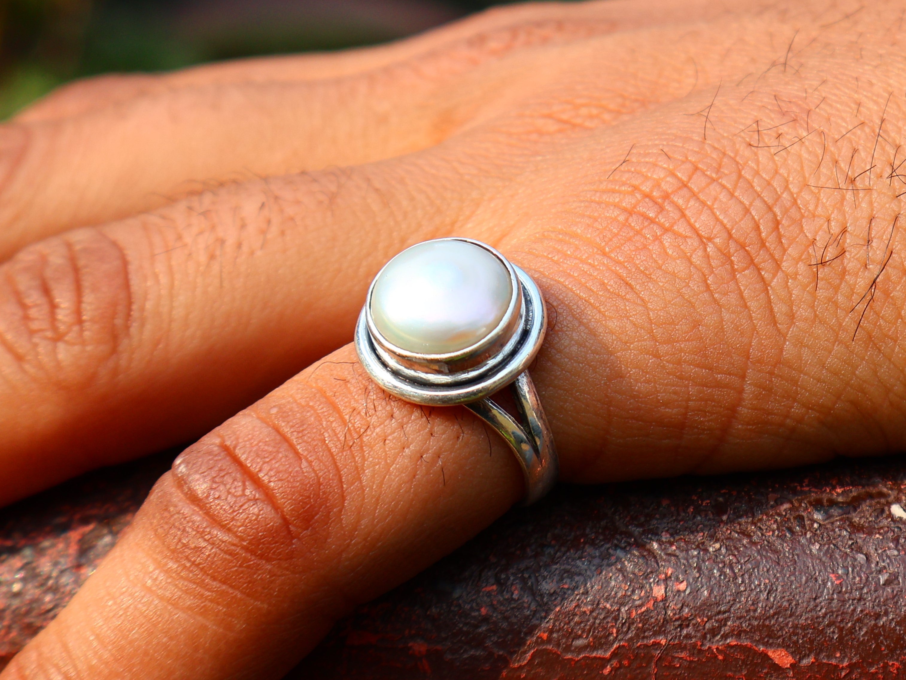 Perlenring 925 Sterling Silber Handgemachter Weißer Perlensteinring Alltagsring Statement Ring Geschenk für Sie