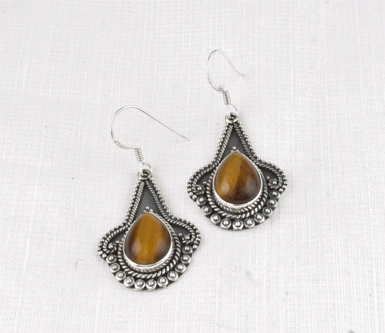 Mooie Tijgeroog Oorbellen Edelsteen Oorbellen 925 Sterling Zilver Handgemaakte Oorbellen Vintage Kunst Trouwcadeau Voor Haar