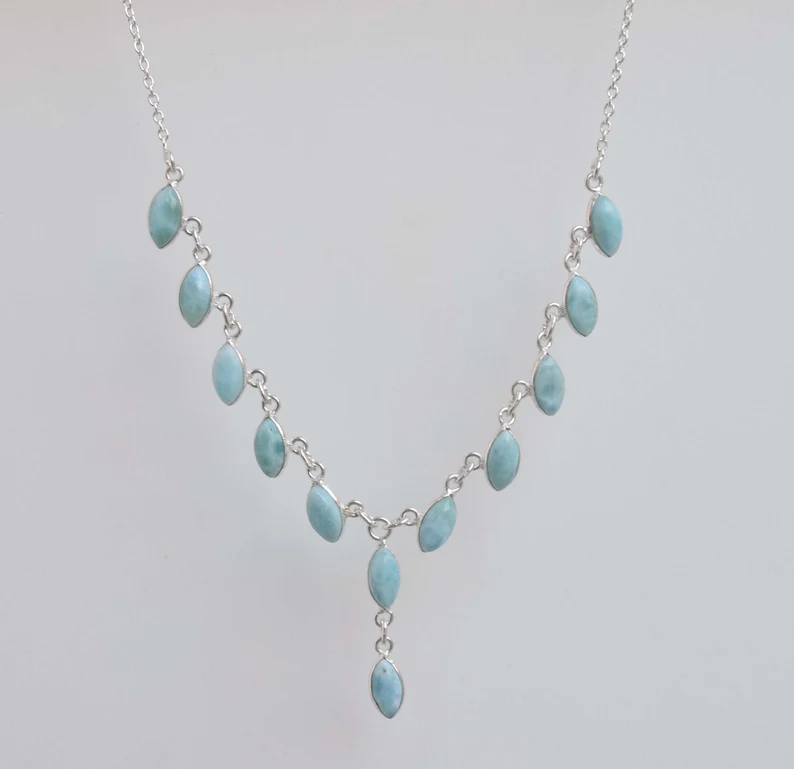 Natürlicher Larimar 925 Sterling Silber Marquise Edelstein Halskette Designer Schmuck Naturstein Handgemachter Schmuck Geschenk zum Jahrestag