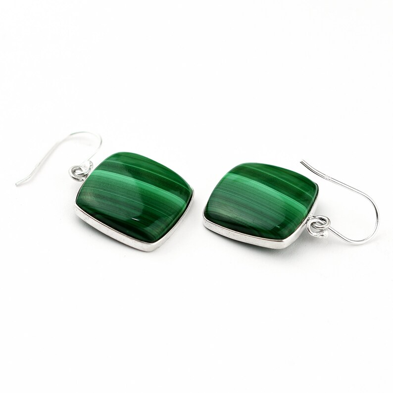 Natural Malachite Gemstone Earring 925 Sterling Silver Earring Handmade Cushion Shape Malachite Earring Malachite Silver Dangle Earring