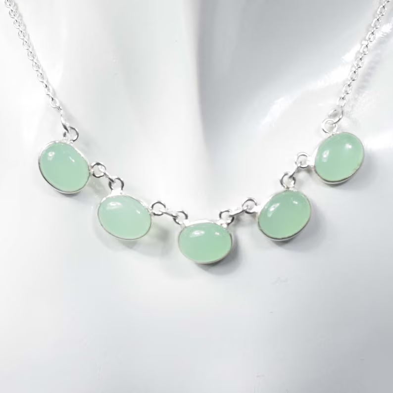 Aquamarin Chalcedon 925 Sterlingsilber Edelstein Designer Halskette Handgefertigter Schmuck Geschenk zum Jahrestag 5-Stein-Halskette Schmuck