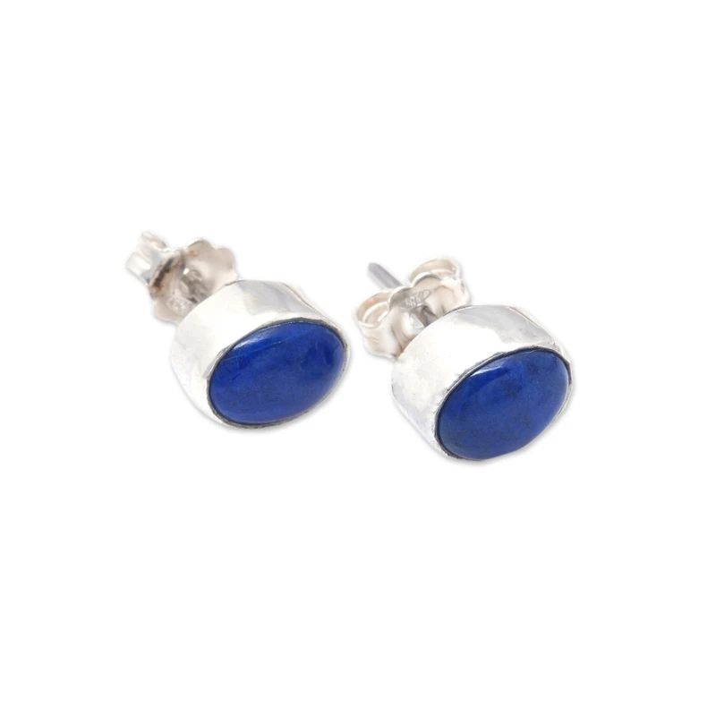 Ovale Ohrstecker aus Sterlingsilber mit Lapislazuli, 925er Massivsilber, handgefertigte Ohrstecker für jeden Tag, Geburtstagsgeschenk für sie