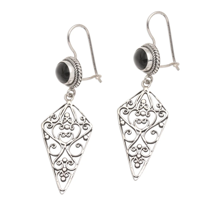 Ohrringe für Damen aus Sterlingsilber und schwarzem Onyx in Drachenform, handgemachte Ohrringe, Geschenke für Mama und sie