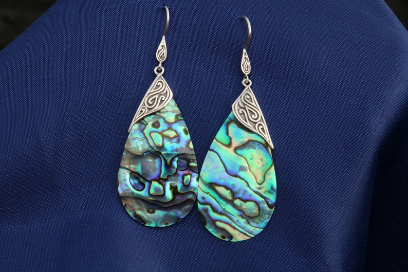 Abalone Muschel Ohrringe Tropfen Tribal Design Sterling Silber Edelstein Ohrring Tropfenförmiger Edelstein Ohrring 925 Sterling Silber Ohrring Weihnachten