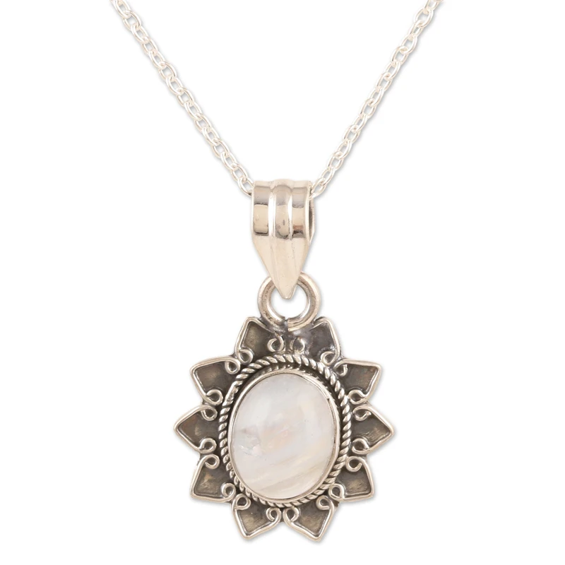 Regenbogen-Mondstein- & Sterling-Silber-Blumenanhänger-Halskette, natürlicher Feuer-Regenbogen-Mondstein, Geschenk für sie