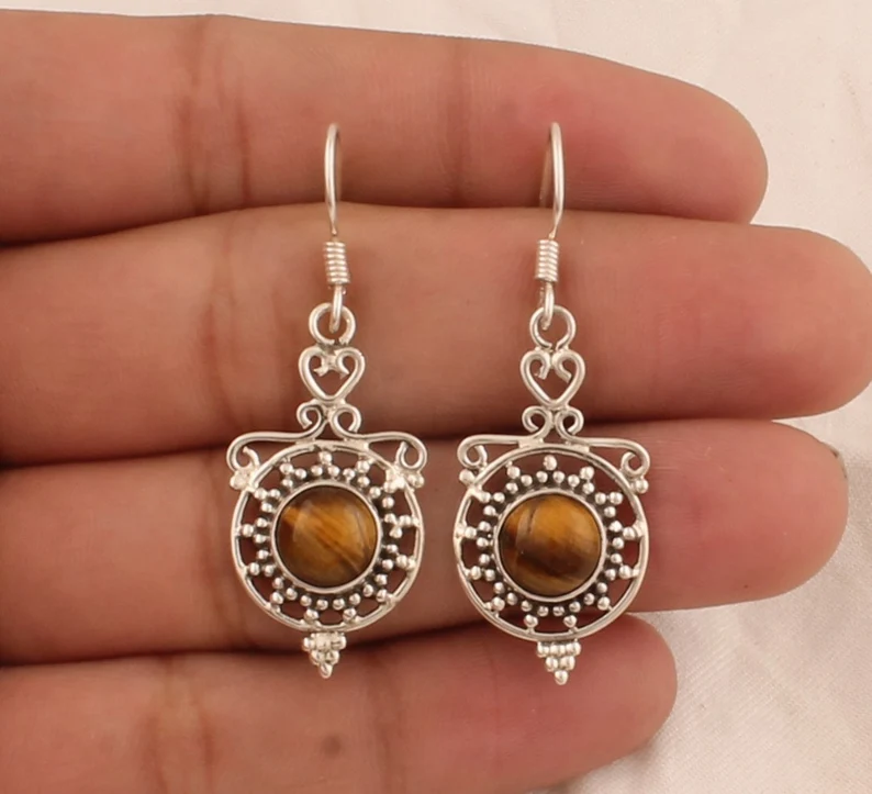 Tijgeroog Massief 925 Sterling Zilveren Oorbellen Voor Vrouwen Handgemaakte Zilveren Designer Ronde Steen Creolen Cirkel Zon Oorbellen Cadeaus Bruiloft