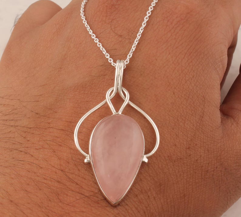Massiver 925er Sterlingsilber Rosenquarz Halsketten-Anhänger für Frauen Handgemachter Silber Boho Oval Edelstein-Anhänger Geschenkidee für Mutter Schmuck