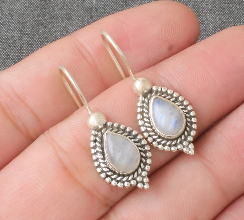 Massive 925 Sterling Silber Natürliche Regenbogen-Mondstein Ohrringe für Frauen Handgemachte Tropfenförmige Edelstein Hochzeits-Ohrringe Geschenke für sie Schmuck