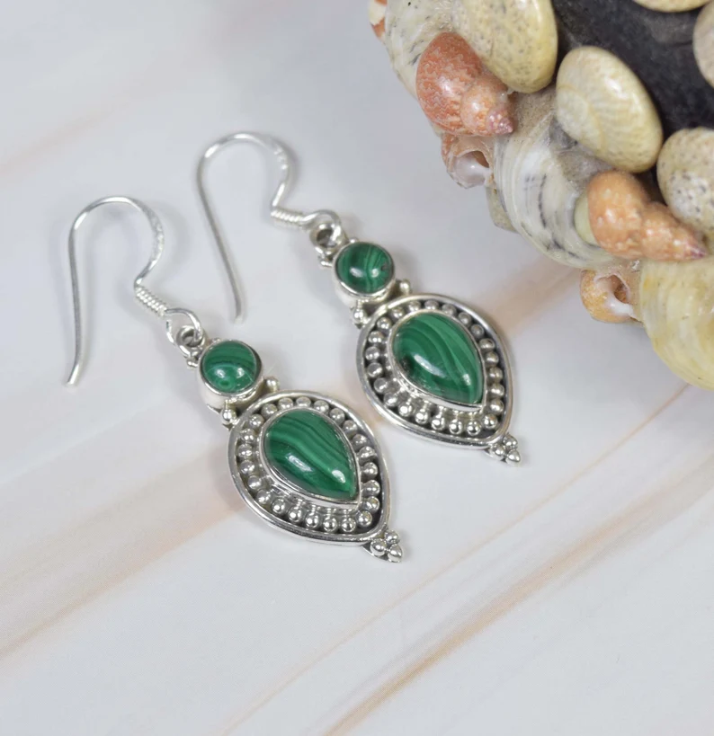 Green Malachite 925 Sterling Silver Gemstone Hook Earring Elegant Earring Pear Shape Earring Handmade Jewelry Gift For Women
