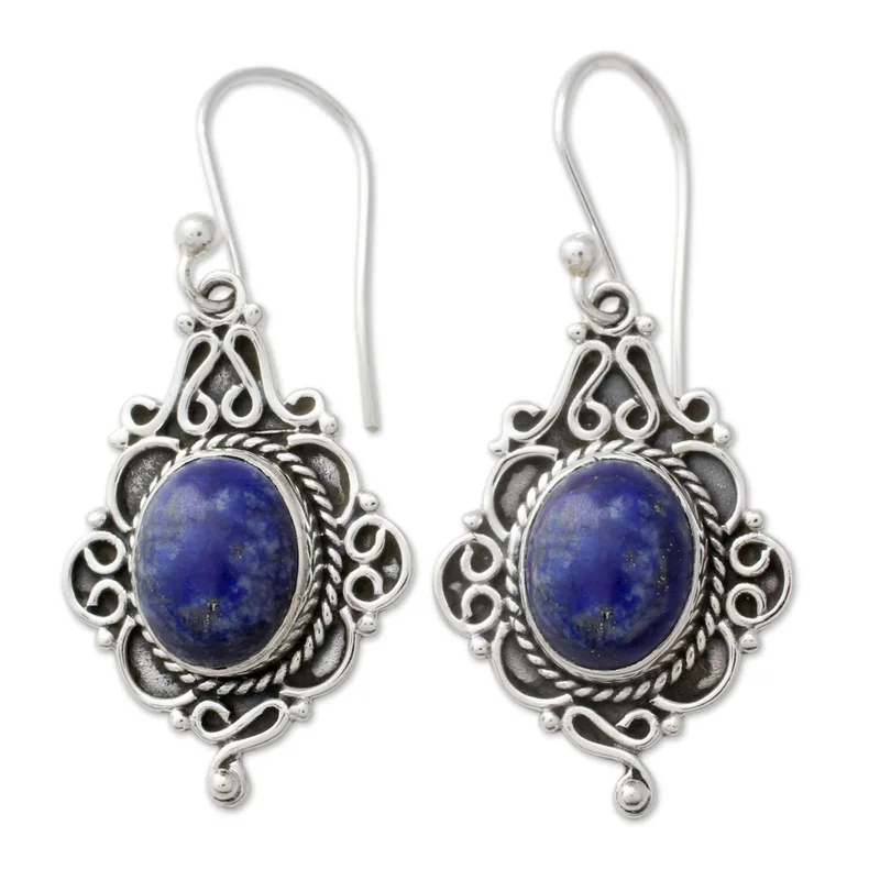 Ovale Edelstein-Ohrringe aus Sterlingsilber und Lapislazuli, Designer-Ohrringe für Frauen, handgefertigte Silberohrringe, Schmuckgeschenke, Artikel, Geschenk für sie