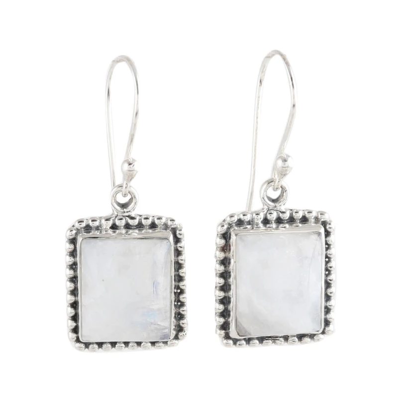 925 Sterlingsilber Ohrring Quadratische Regenbogen-Mondstein Ohrringe Handgemachte Edelstein Ohrringe Geschenk Für Sie
