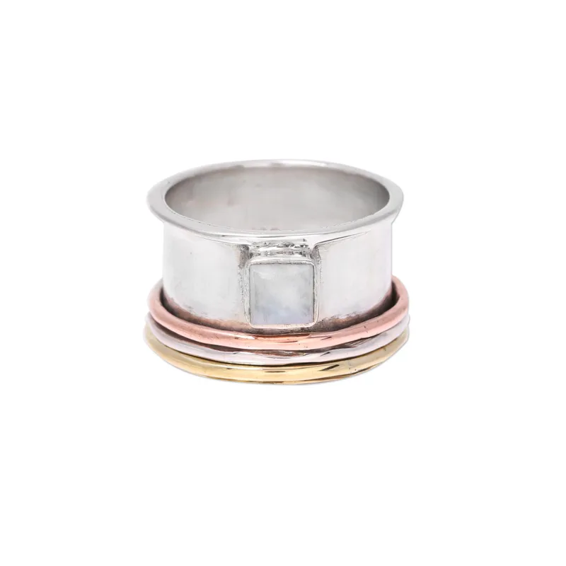 Sterling Silber Kupfer Regenbogen Mondstein Meditationsring Handgemachter Ring Silberschmuck Böhmischer Zierlicher Ring Geschenk für Sie Geburtstagsgeschenk