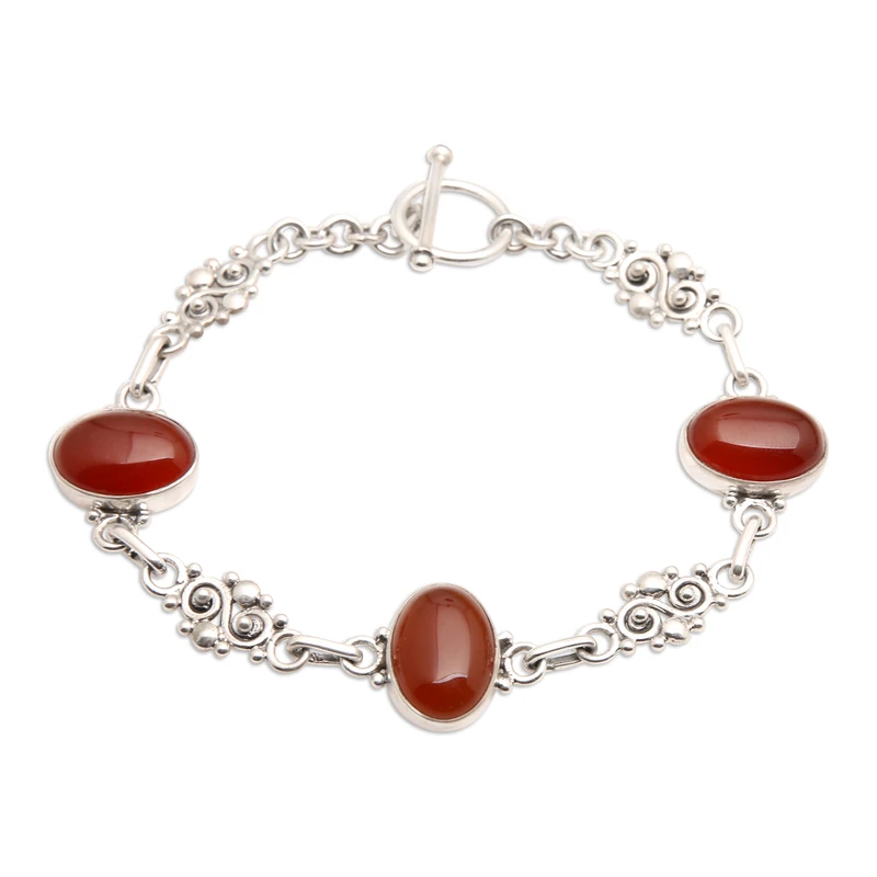 Sunset Carnelian Link Bracelet 925 Sterling Silver Boho Dainty Jewelry Gift For Her