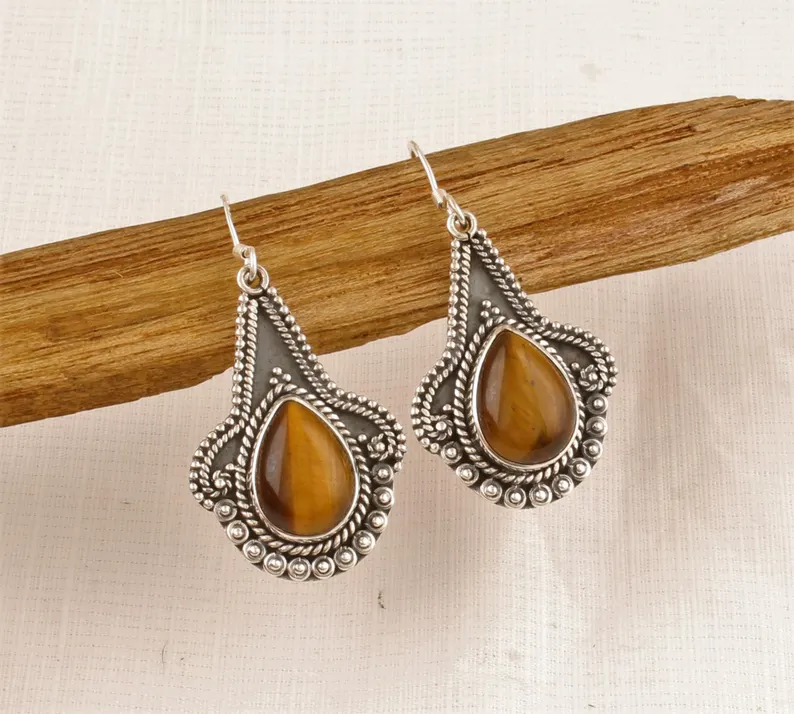 Mooie Tijgeroog Oorbellen Edelsteen Oorbellen 925 Sterling Zilver Handgemaakte Oorbellen Vintage Kunst Trouwcadeau Voor Haar