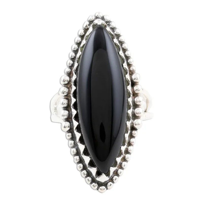 Marquise Bezel Set Black Onyx Cabochon Cocktail Ring 925 Sterling Silver Statement Ring Handmade Ring Woman Silver Ring Gift for Her