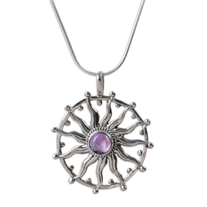Sonnengeist Einzigartige Silber- und Amethyst-Halskette 925 Sterling Silber Halskette Amethyst Edelstein Halskette Statement Halskette Amethyst Schmuck Geschenk für Sie
