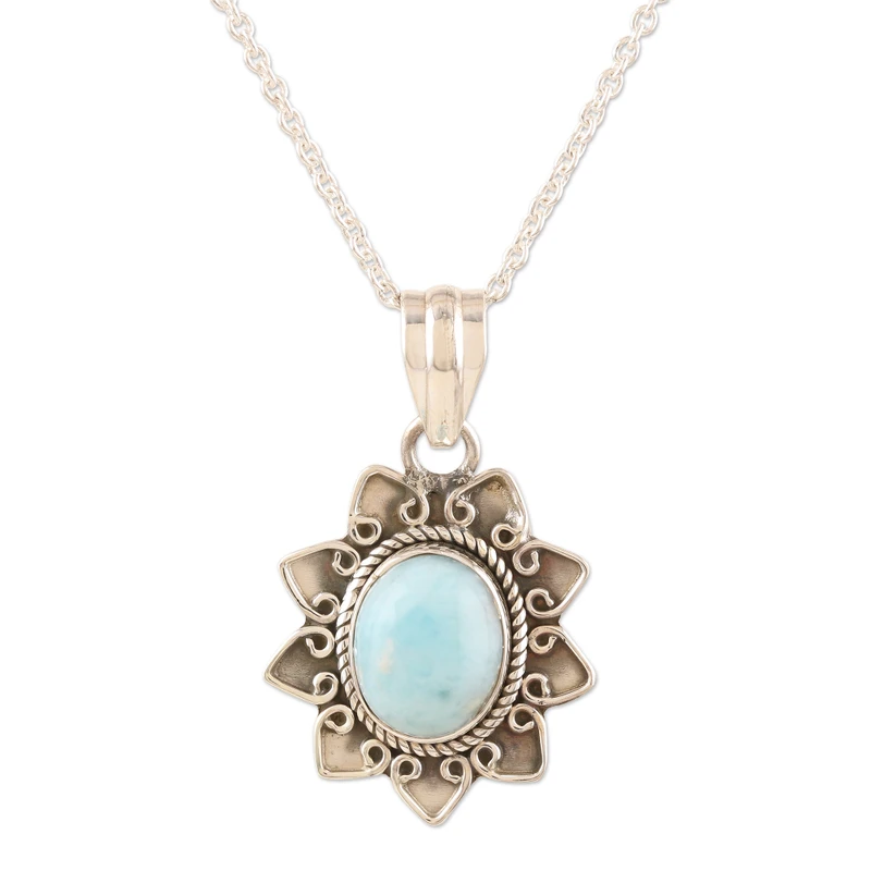 Larimar-Blumenmotiv-Anhänger-Halskette, 925er Sterlingsilber, alltagstauglicher Anhänger für Halskette, perfektes Geschenk für sie
