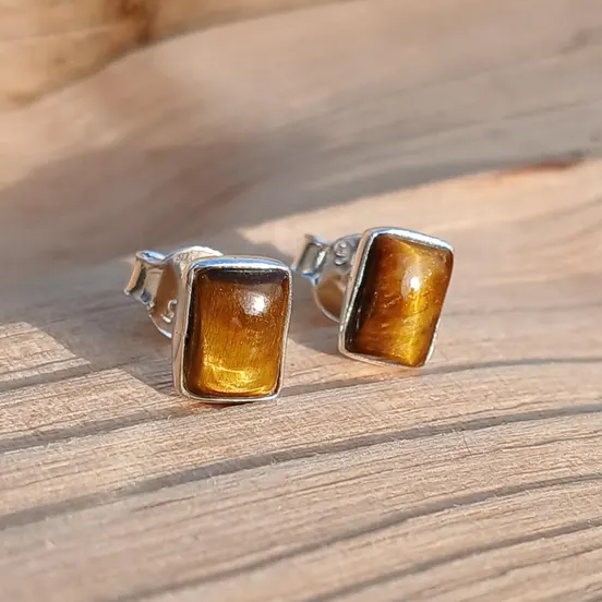 Rectangular Tiger Eye Stud Earrings 925 Sterling Silver Gemstone Earring Studs Antique Style Studs Gift for Her Dainty Studs Boho Jewelry