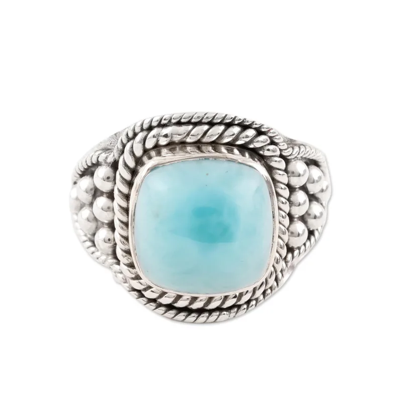 Himmelblauer Larimar Cocktailring aus Indien 925er Sterlingsilber Ring Zarter Ring Edelsteinring Damenring Geschenk für sie